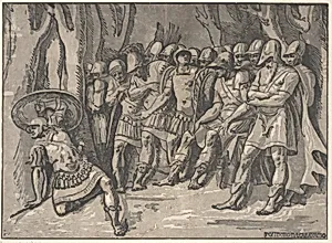 Ajax lower left holding a shield aloft, at the right stands Agamemnon surrounded by his soldiers by Niccolò Vicentino|Polidoro da Caravaggio