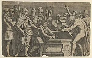 Alexander the Great commanding that the work of Homer be placed in the tomb of Achilles by Marcantonio Raimondi|Anonymous