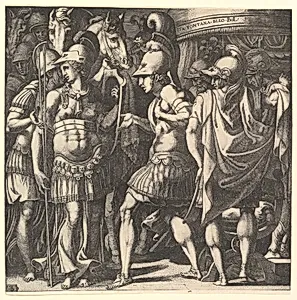 Alexander welcoming Thalestris and the Amazons