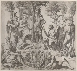 Allegorical composition with six Olympian gods gathered around a figure in armor