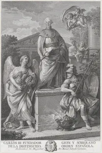 Allegorical portrait of Carlos III standing on a pedestal flanked by figures (War and Peace?)