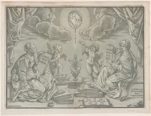 Allegory of a thesis, two women hold inscribed tablets