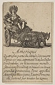 Allegory of America, from the playing cards "Jeu de la Géographie" by Stefano della Bella|Jean Desmarets de Saint-Sorlin|Henri Le Gras|Cardinal Jules Mazarin|Louis XIV, King of France