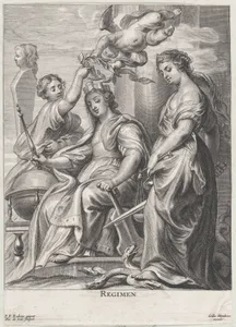 Allegory of Good Government, seated at center and being crowned by a putto and a woman at left, Justice standing atop a hydra at right