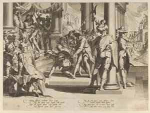 Allegory of Justice (Sanctity of the Law) with a court scene depicting a man being pardoned by a judge, from Thronus Justitiae, tredecim pulcherrimus tabulis..., plate 12