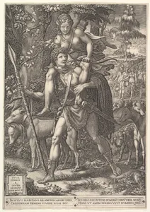 Allegory of the Hunt; a hunter holding a large spear carrying a woman (Diana?) on his shoulders; five hunting dogs in the foreground and a retinue of male and female hunters in the background