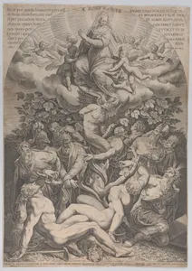Allegory of the Immaculate Conception, with Adam, Eve, kings, priest, soldier and Moses tied at the bottom of a fig tree, and the Virgin sitting on cloud overhead, surrounded by angels