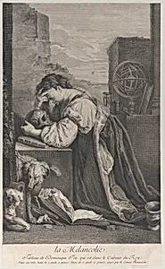 Allegory on Melancholy, with a woman kneeling towards the left holding a skull by Domenico Fetti|Henri Simon Thomassin
