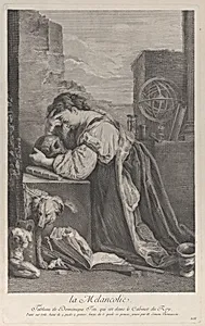 Allegory on Melancholy, with a woman kneeling towards the left holding a skull by Domenico Fetti|Henri Simon Thomassin
