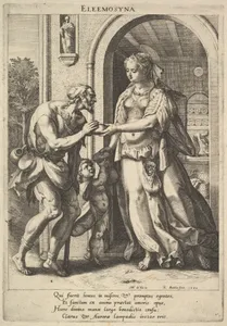 Alms-giving: a woman with pearl headdress and halo hands bread to two male beggars, one bearded and the other a child, a portal showing a maidservant in a domestic interior beyond, from the series 'Christian Virtues' after Maerten de Vos