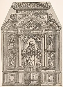 Altarpiece with the Beautiful Virgin of Regensburg and Saints Christopher, Mary Magdalen, Florian and Catherine Standing in Niches, with God the Father Above by Albrecht Altdorfer