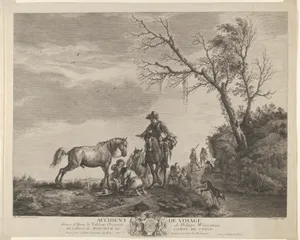 An accident while traveling, a kneeling man fixing a broken saddle, a horse pissing at the left