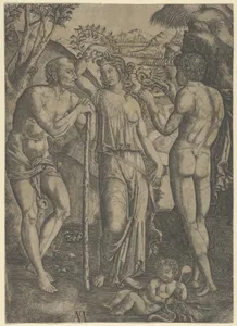 An allegorical scene; a young woman at centre holding a wreath above her head, at left is a old man leaning on a stick, a younger man at right who holds a small dragon