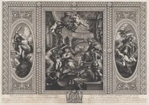 An allegorical scene showing the benefits of James' reign at center, Wise Government trampling Rebellion at right, and Liberty trampling Avarice at left