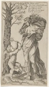 An allegory of Peace; Peace personified as a woman standing in a landscape holding the left hand of a winged genius