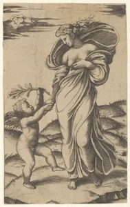 An allegory of Peace; Peace personified as a woman standing in a landscape holding the left hand of a winged genius