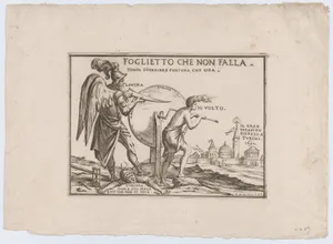 An allegory relating to the fortunes of the Turks, a winged figure probably representing Time stands on a fallen Turk while sharpening a blade on a wheel inscribed with the continents that is being turned by a semi-dressed figure, at right the city of Vardino (northwest Romania near the Hungarian border) that was held by the Turks from 1660 to 1692.