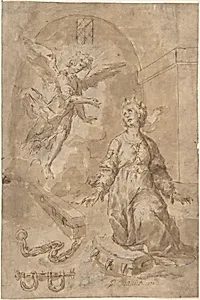 An Angel Appearing to Saint Catherine of Alexandria in Prison (recto); Volute (verso) by Anonymous, Spanish, School of Seville, 17th century
