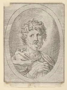 An apostle holding a closed book and looking to the left, in an oval frame, from Christ, the Virgin, and Thirteen Apostles