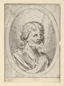 An apostle raising his eyes in prayer, in an oval frame, from "Christ, the Virgin, and Thirteen Apostles"