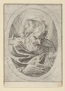 An apostle resting his head on his left hand and reading a book, in an oval frame, from "Christ, the Virgin, and Thirteen Apostles"