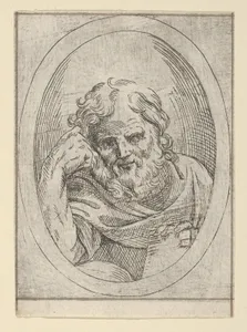 An apostle resting his head on his right hand and holding a book, in an oval frame, from Christ, the Virgin, and Thirteen Apostles