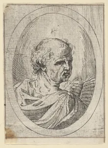 An apostle seen from behind and turning to the right, holding an open book, in an oval frame, from Christ, the Virgin, and Thirteen Apostles