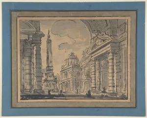 An Architectural Capriccio; a View Through a Great Arch with an Obelisk in a Piazza in the Middle Distance