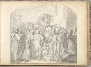 An Artist Drawing on Wall of a Church Watched by a Crowd (in Sketch Book With Drawings on Twenty-six Leaves)