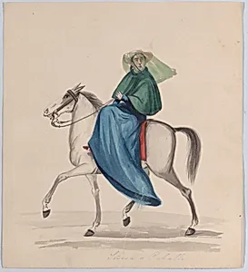 An elegantly dressed woman on horseback, from a group of drawings depicting Peruvian dress by Francisco (Pancho) Fierro