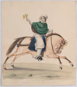 An elegantly dressed woman on horseback, from a group of drawings depicting Peruvian dress