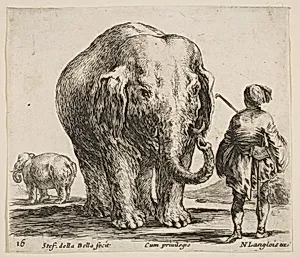 An elephant in center, his mahout standing to the right wearing an Oriental costume, another elephant to left in background, plate 16 from "Diversi capricci" by Stefano della Bella|Nicolas Langlois