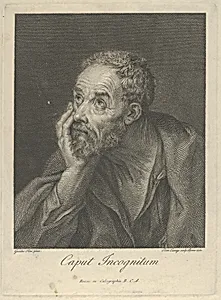 An old bearded man resting his head on his right hand and looking upwards to the left, after Reni by Guido Reni|Domenico Cunego