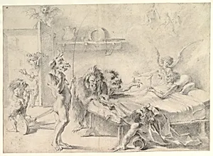 An Old Man on His Deathbed Tempted by Demons (recto); Back View of a Male Nude (verso) by Aureliano Milani