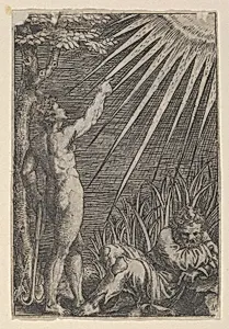 An old man reclining on the ground at right; at left a naked younger man standing pointing toward the sun with and leaning on an anchor by Marcantonio Raimondi