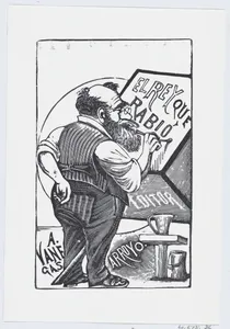 An old man with spectacles and one hand behind his back painting on a wooden block, illustration for 'El Rey que Rabio'