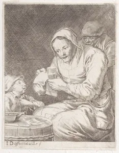 An old woman holding a glass and a piece of paper, a child at left and a man behind her at right