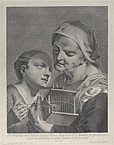 An old woman holding a mousetrap while a young girl holds a string attached to its tail by Antonio Marinetti|Niccolò Cavalli
