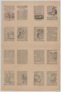 An uncut sheet printed on both sides with pages from 'Juan Ceniza' (cuento arreglado por C. S. Suarez) and 'Rosendito, los leones y el sapo' (cuento por C. S. Suarez)