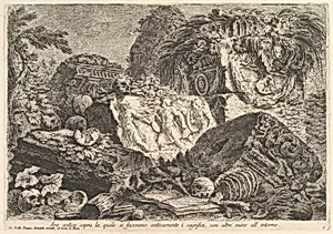 Ancient Altar on which sacrifices were performed in antiquity, surrounded by other ruins (Ara antica sopra la quale si facevano anticamente i sagrifizi, con altre ruine all'intorno), from "Prima Parte di Architettura, e Prospettive" by Giovanni Battista Piranesi