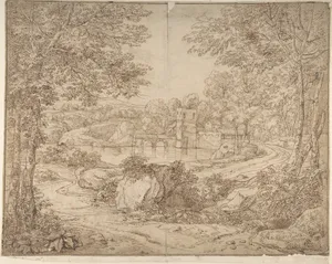 Ancient buildings next to water in the woods (recto); A variation of the same landscape in reverse (verso)