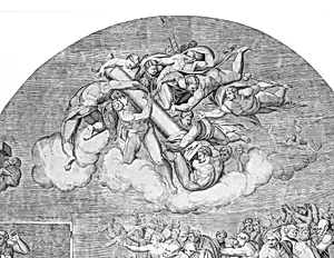 Angels Carrying Pillar with Saints Below (upper right section of the Last Judgment) by Niccolò della Casa|Michelangelo Buonarroti