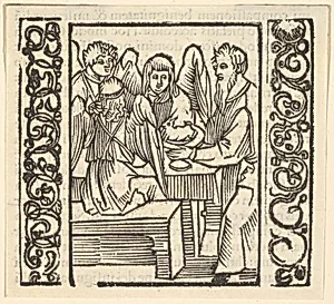 Angels Served at a Table, illustration from Speculum Passionis, 1507 by Hans Baldung (called Hans Baldung Grien)