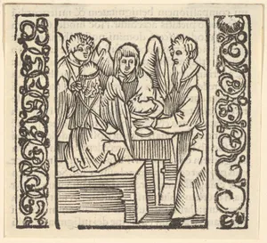Angels Served at a Table, illustration from Speculum Passionis, 1507