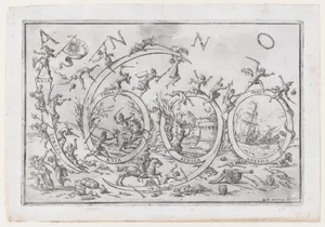 'Anno 1690' (the Year 1690), with numerous warring figures clambering on and hanging from the numbers, allusions to the Allegories of the Four Elements and the Four Continents