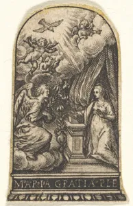 Annunciation, Mary kneels at a lectern as Gabriel approaches on a cloud from the left, with the dove of the Holy Spirit above, trimmed from an engraving showing decorations for thimbles