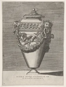 Antique Lidded Urn Decorated with a Motif of Diamond Rings and Lions, from Vases after the Antique