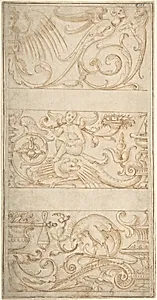 Antique-Style Ornamental Frieze Designs: Grotesques with Winged Infant, Masks, and Fantastic Animals by Anonymous, Italian, 16th century