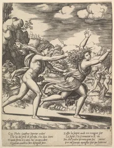Apollo chasing Daphne who throws her arms up, in the background at right shows the moment she turns in a laurel, from "Story of Apollo and Daphne"