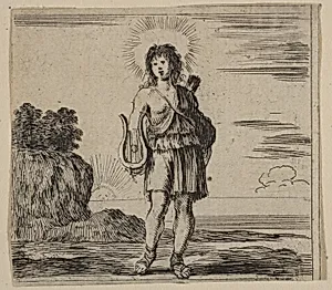 Apollo, from 'Game of Mythology' (Jeu de la Mythologie) by Stefano della Bella|Jean Desmarets de Saint-Sorlin|Henri Le Gras|Louis XIV, King of France|Cardinal Jules Mazarin